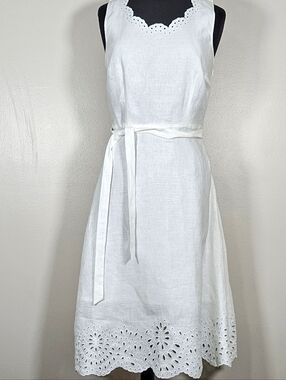 Talbots White 💯 Linen Dress Scalloped Eyelet Hem Belted Lined Summer 10